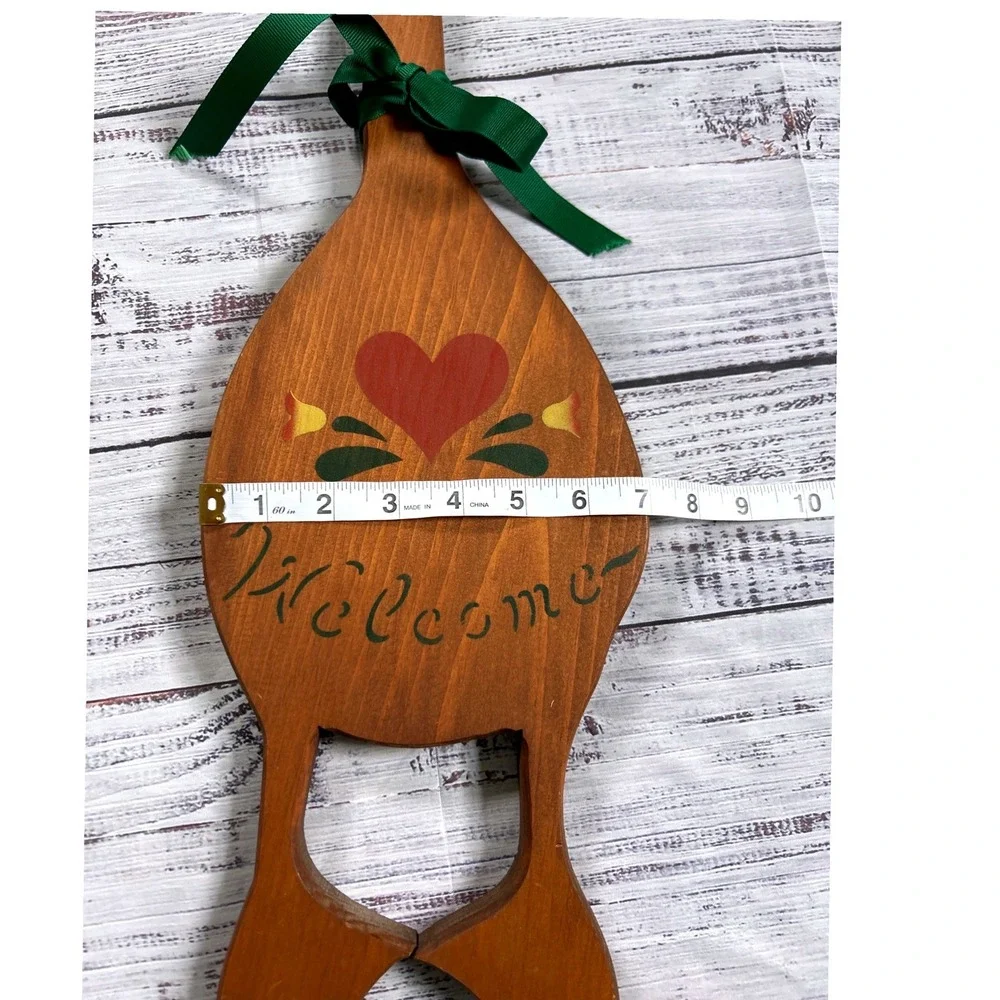 Wooden Goose Welcome Wall Hanging Brown Heart Floral Cottagecore Green Ribbon